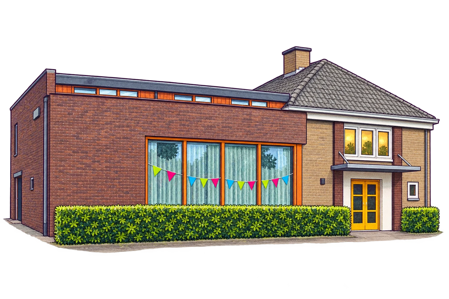 Tekening van De Burcht in Kwadendamme: de instuif zit links boven de grote benedenramen, en onze andere ruimte boven de hoofdingang