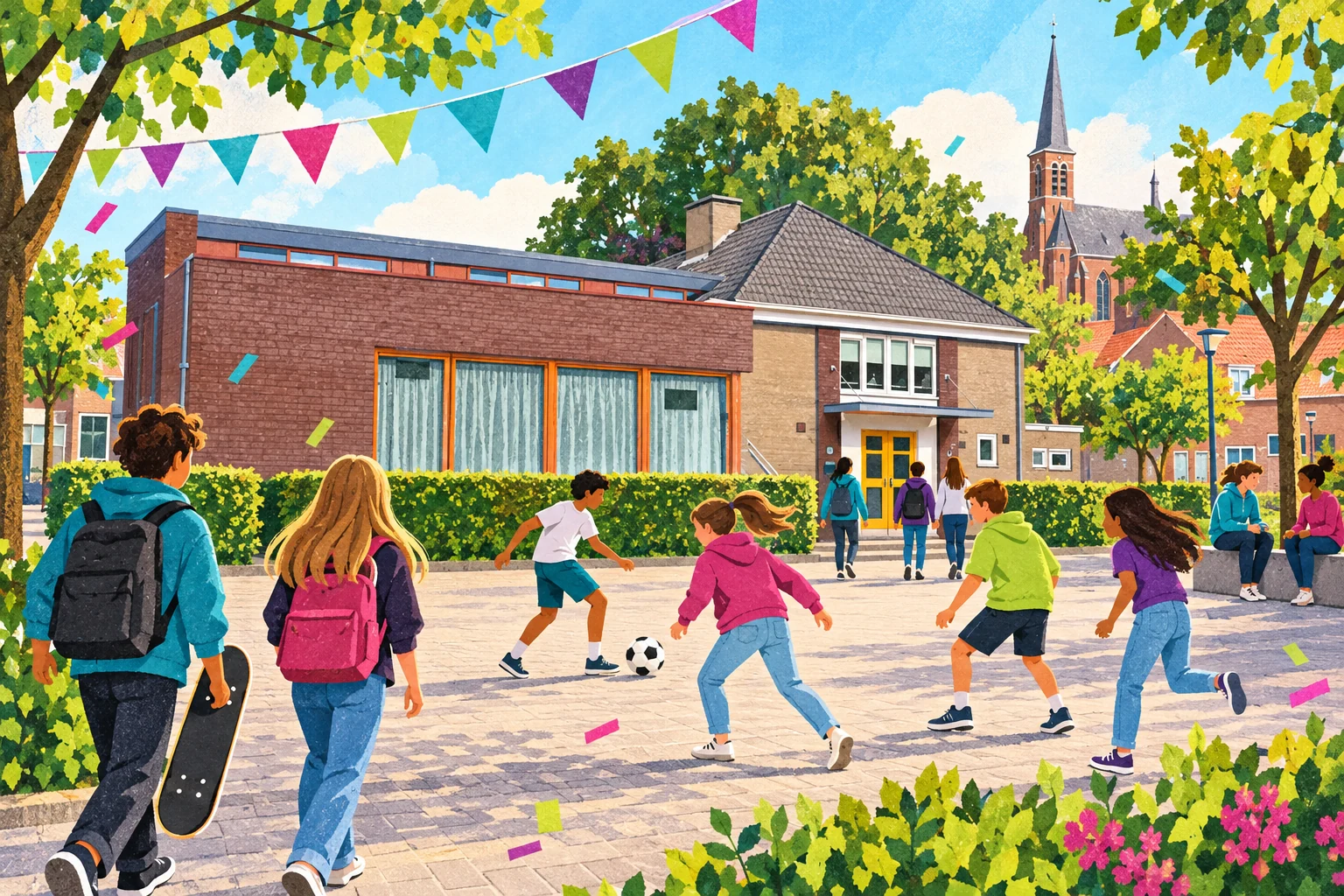Grote tekening van De Burcht in Kwadendamme, kinderen op het plein en de Bonifaciuskerk op de achtergrond